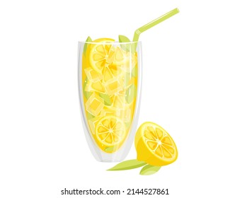 A glass of lemonade and lemon juice with lemon and ice cubes.A slice of yellow lemon with green leaves. Vector illustration for web advertising, cafes, menus, websites.