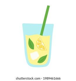 A glass of lemonade with lemon and mint in a hand-drawn style. Simple vector illustration for bar advertising or for a summer poster