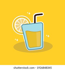 Glass of lemonade with lemon on yellow background
