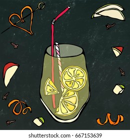 Glass of Lemonade with Lemon Slice and Cocktail Tube. Realistic Doodle Cartoon Style Hand Drawn Sketch Vector Illustration. Isolated on a Black Chalkboard Background.