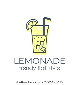 Glass of lemonade with lemon slice and straw isolated on white background, simple icon in trendy flat style