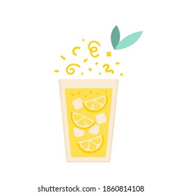 Glass of lemonade with lemon slices, ice cubes, mint leaf and sparkling bubbles. Summer vector illustration.