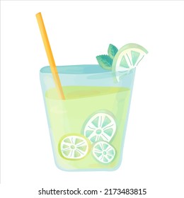 A glass of lemonade with lemon slices and mint leaves. Isolated vector illustration. A glass of citrus lemonade on a white background.