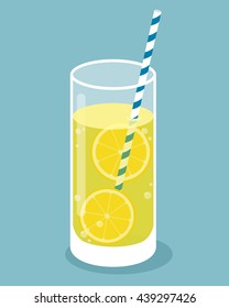 Glass of lemonade with lemon slices and straw. Highball glass. Vector illustration.
