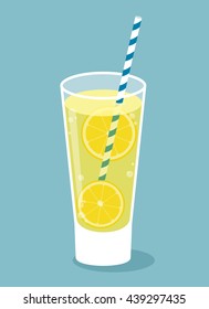 Glass of lemonade with lemon slices and straw. Vector illustration.