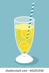 Glass of lemonade with lemon slices and straw. Frappe glass. Vector illustration.