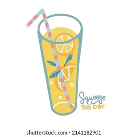 Glass of lemonade with a lemon slices and a stripped straw. Summer drink. Refreshing beverage with lettering text - squeeze the day. Isolated vector flat hand drawn illustration. - Shutterstock ID 2141182901