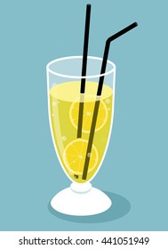 Glass of lemonade with lemon slices and two black straws. Frappe glass. Vector illustration.