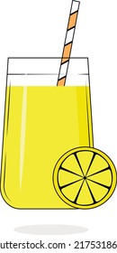 Glass of lemonade with a lemon and stripped straw. Summer drink. Lemon juice. Refreshing beverage. Isolated vector flat illustration. Lemon lemonade.