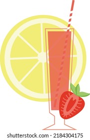 Glass of lemonade with lemon wedge, strawberry and straw. Summer drink. Refreshing drink. Isolated vector flat illustration.