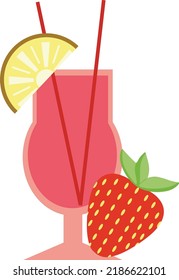 Glass of lemonade with lemon wedge, strawberry and straw. Summer drink. Refreshing drink. Isolated vector flat illustration.