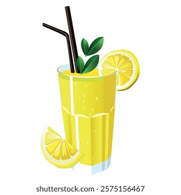 Glass of lemonade with lemon wedges, two leaves and straws for drinking. Bubbles rise from the bottom of the glass. Flat vector illustration. EPS 10