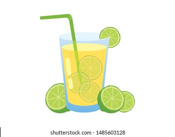 Glass of lemonade with lemons vector. Halved lemon vector. Glass of lemonade isolated on a white background. Lemon slice icon. Green lime vector