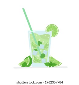 Glass of lemonade lime. Glass of mojito cocktail with mint and a straw on a white background. Vector illustration.