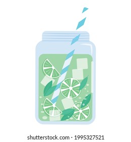 Glass of lemonade with a lime slice and a stripped straw. Summer drink. Refreshing beverage. Vector flat illustration.