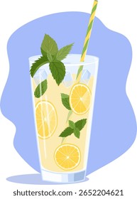 Glass of lemonade with mint, straw  and ice cube. Vector Hand drawn lemonade with lemon. Bright cartoon illustration.