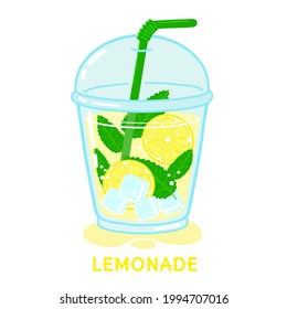 Glass of lemonade with mint and straw. Vector illustration isolated on white background 