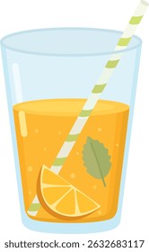 Glass of lemonade with orange slice, mint leaf and straw. Summer citrus drink isolated on white background