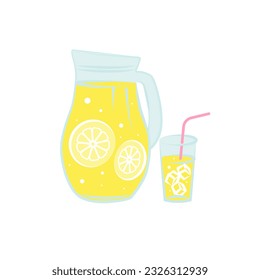 Glass of lemonade. Refreshing lemonade illustration. Glass with straw and pitcher with lemons and ice cubes. Glass and cocktail tube with lemonade or ice tea lemon slice. Cartoon style illustration