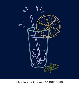 A glass of lemonade with a slice of lemon, ice and a straw. Vector illustration.