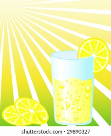 Glass of lemonade with slice of lemon on and sun on background. vector illustration