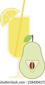A glass of lemonade with a slice of lemon, pear and straw. summer drink. Refreshing drink. Isolated vector flat illustration.