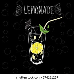 A glass of lemonade with a slice on a black background vector