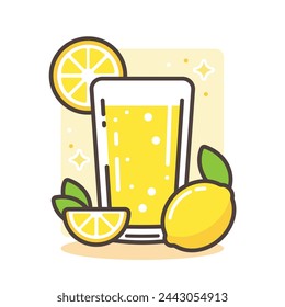 Glass of lemonade with slices of lemon and green leaves. Fresh, sparkling drink icon. Stylized vector illustration with black outline.