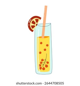Glass of lemonade with small red berries and slice of grapefruit.