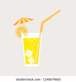 A glass of lemonade, a soda with ice and a cocktail umbrella. Lemon juice. A glass of lemon or orange cocktail with straw. Vector illustration isolated on light background. Element for your design.