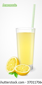 A glass of lemonade with straw and half a lemon with leaf. Vector illustration.