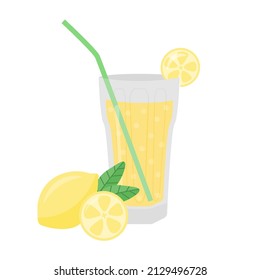 Glas Limonade mit Stroh und Zitrone auf weißem Hintergrund