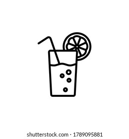 glass of lemonade with straw and lemon slice linear vector icon. Cold beverage in glass with lemon and straw line thin sign. Refreshing summer drink, cocktail concept. outline symbol. logo black 