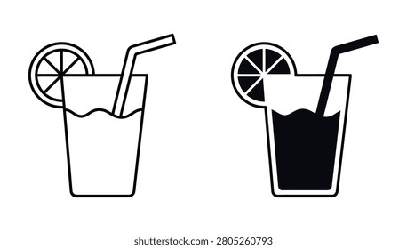 Glass of lemonade with straw and lemon slice vector icon set.