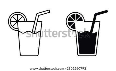 Glass of lemonade with straw and lemon slice vector icon set.