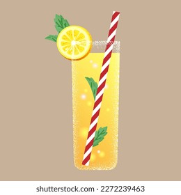 Glass of lemonade with straw, lemon slices and mint leaf. Striped straw for cocktail or refreshing drink, ice cube and orange, yellow juice beverage with bubble and texture. Vector trend illustration