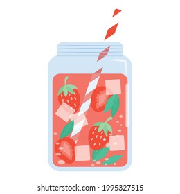Glas Limonade mit Erdbeerscheibe und gestreiftem Strohhalm. Sommergetränk. Erfrischende Getränke. Vektorflache Illustration.