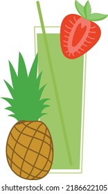Glass of lemonade with strawberry and pineapple and straw. summer drinks. Refreshing drink. Isolated vector flat illustration.