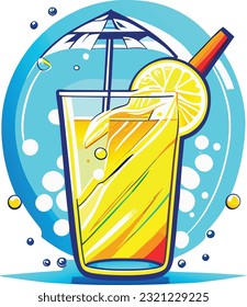Glass of lemonade vector illustration. Cocktail with lemon, straw, umbrella and bubbles in risoprint style Generative ai 
