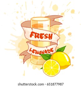 A glass of lemonade. Vector illustration on a white background with splashes of juice.