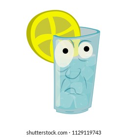 a glass of lemonade or water. With lemon and ice inside. The emotion of Fear, distrust and disdain. Vector. Caricature. Humor