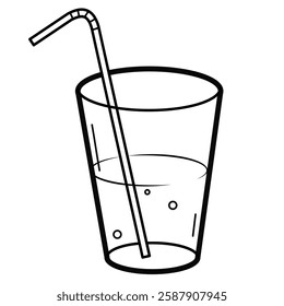 Glass of Lemonade. Glass of water with a straw.  Simple outline vector illustration, isolated on white background.