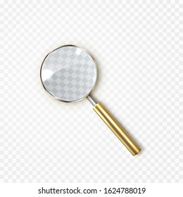 Glass lens magnifier isolated on transparent background. Golden 3d magnifying instrument, metal magnifier loupe. Vector zoom search icon.
