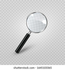 Glass lens magnifier isolated on transparent background. Black 3d magnifying instrument, metal loupe. Vector glass zoom search icon.
