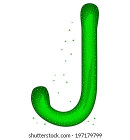 Glass letter (J) with drops on white background