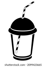 Glass with lid and drinking straw - vector silhouette illustration for logo or pictogram. Drink to go in a plastic sealed glass for a sign or icon