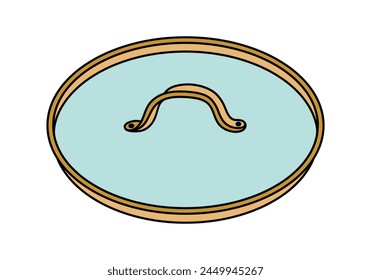 Glass lid vector icon. Round kitchen cover with a golden copper handle. Tableware - cap for frying pan, pot, dish. Cookware for cafes, restaurants, home. Hand drawn color clipart. Utensil sketch