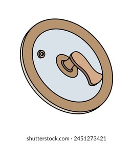 Icono de Vector de tapa de cristal. Cubierta transparente redonda con un mango de madera, agujero para vapor. Suministros de cocina - gorra para olla, plato. Vajilla para cafés, restaurantes, restaurantes. Clipart de color aislado de utensilio