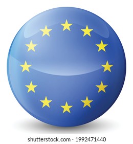 Glass light ball with European Union flag. Round sphere, template icon. EU national symbol. Glossy realistic ball, 3D abstract vector illustration highlighted on a white background. Big bubble.