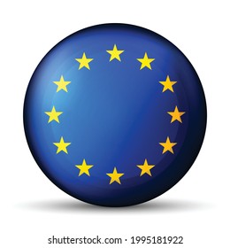 Glass light ball with European Union flag. Round sphere, template icon. EU national symbol. Glossy realistic ball, 3D abstract vector illustration highlighted on a white background. Big bubble.